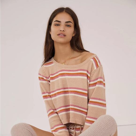 L*SPACE Striped Chenille Sweater Sun Seeker Sweater Snow Lotus Small - Picture 1 of 9